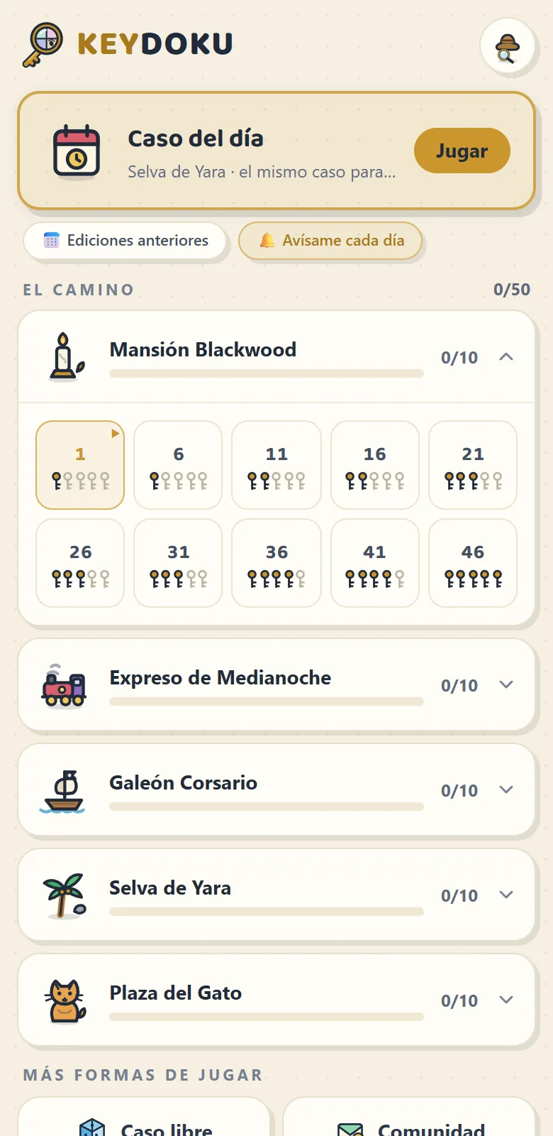 Archivo de expedientes de Keydoku con el caso del día, la racha y el camino de casos