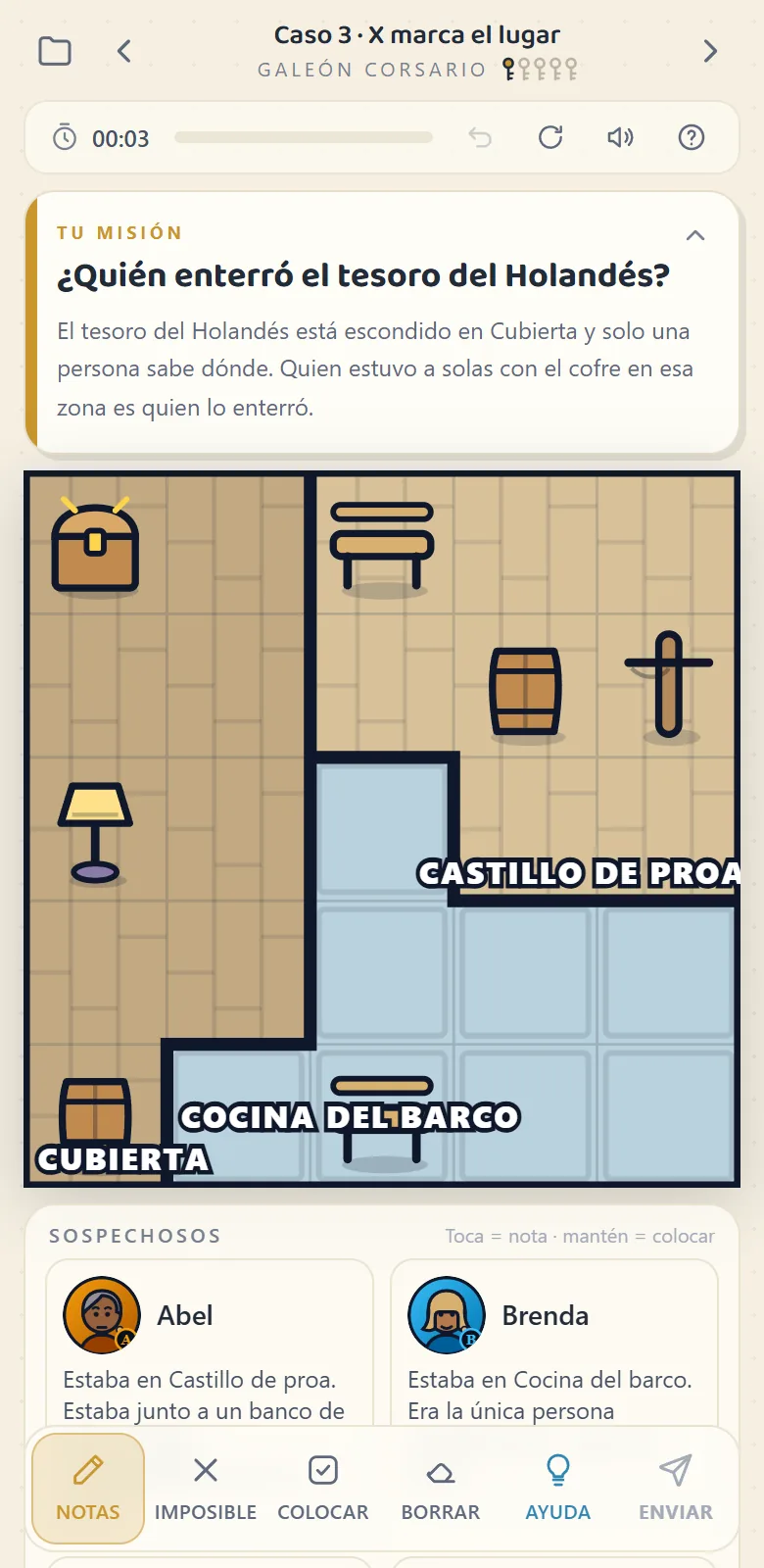 Partida de Keydoku en el móvil: tablero ilustrado del Galeón Corsario con las declaraciones de los sospechosos
